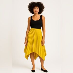 New York & Co 7th Avenue Yellow Pleated High-Low Skirt, Size M